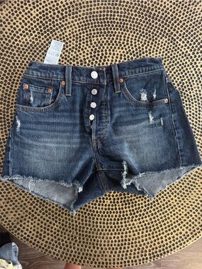 Levi 501 Dark Blue Distressed Women's Denim Skirt - Classic Button Front size 25